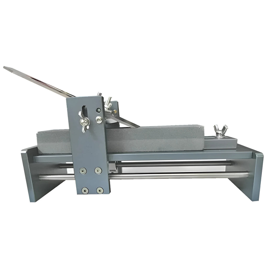 Fixed angle sharpening tool made from aluminium alloy and stainless steel for woodworking chisels and knives.