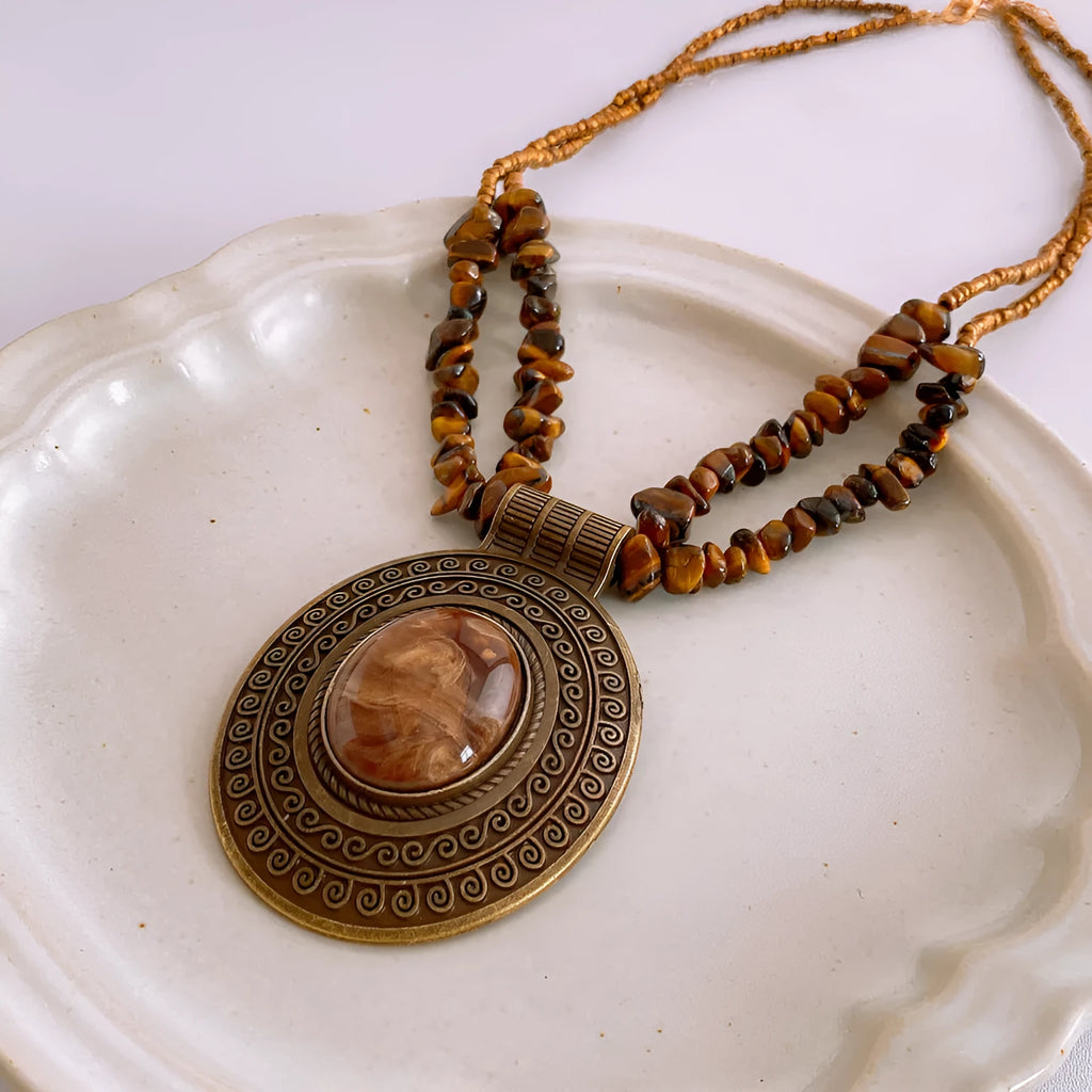 Irregular tiger eye stone oval pendant necklace with retro electroplated finish on adjustable clavicle chain, coffee colour, women's Chinese style jewellery