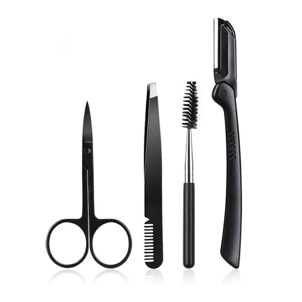 Black eyebrow trimming set with 11 pieces in a bone bag, including scissors and comb for precision trimming