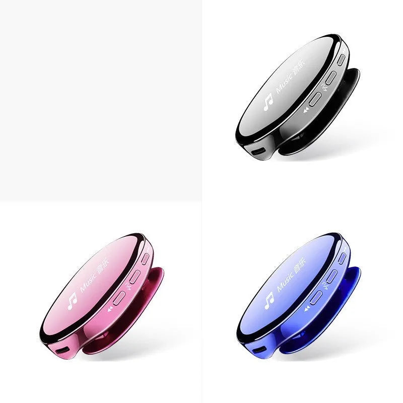 Blue Bluetooth MP4 music player with OLED screen showing track info, beside headphones.