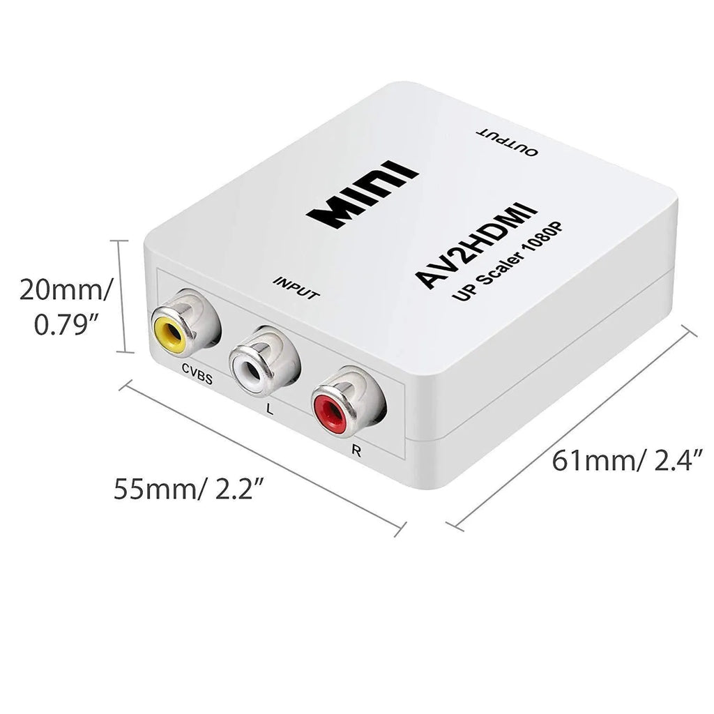Small white AV to HDMI converter box with attached cables for RCA and HDMI connections.