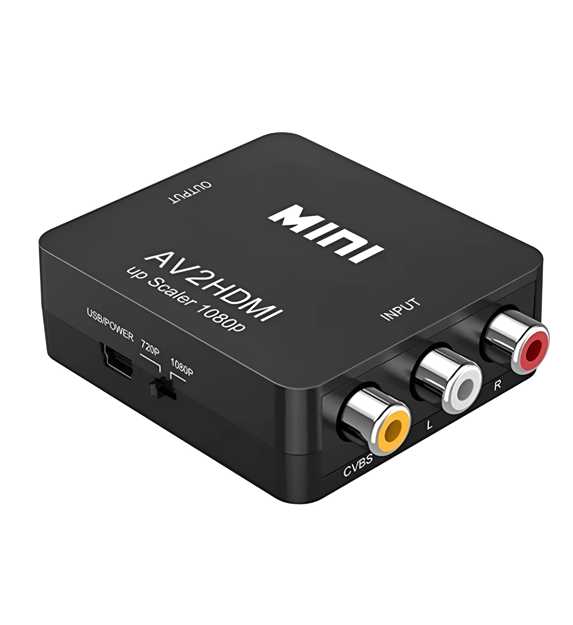 Small white AV to HDMI converter box with attached cables for RCA and HDMI connections.