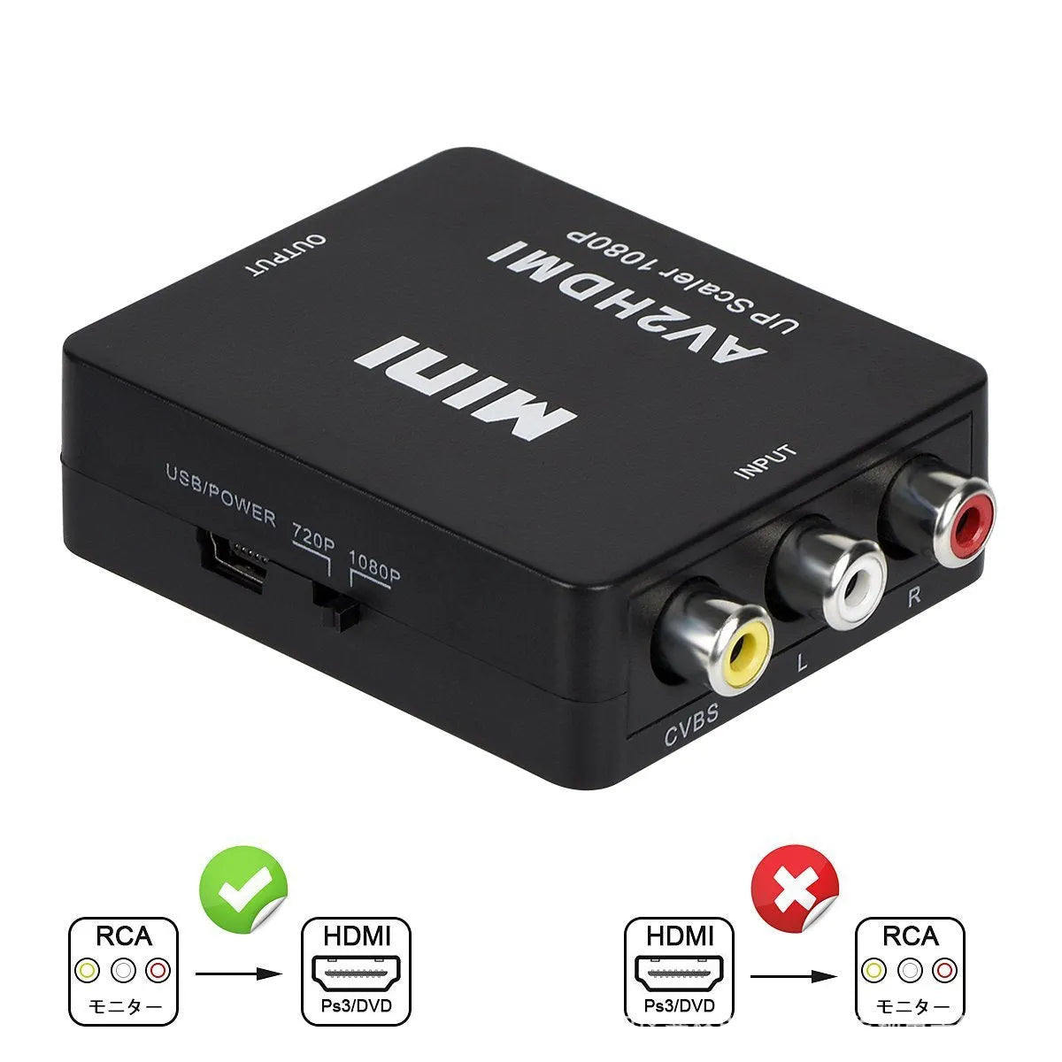 Small white AV to HDMI converter box with attached cables for RCA and HDMI connections.