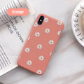 Daisy floral glass phone case in orange, gray, green and brown, compatible with iPhone 6 to 12 and SE 2020.