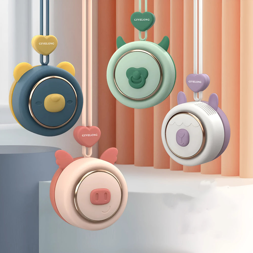 Mini bladeless neck fan with hanging rope shown in a cute pet design colour.