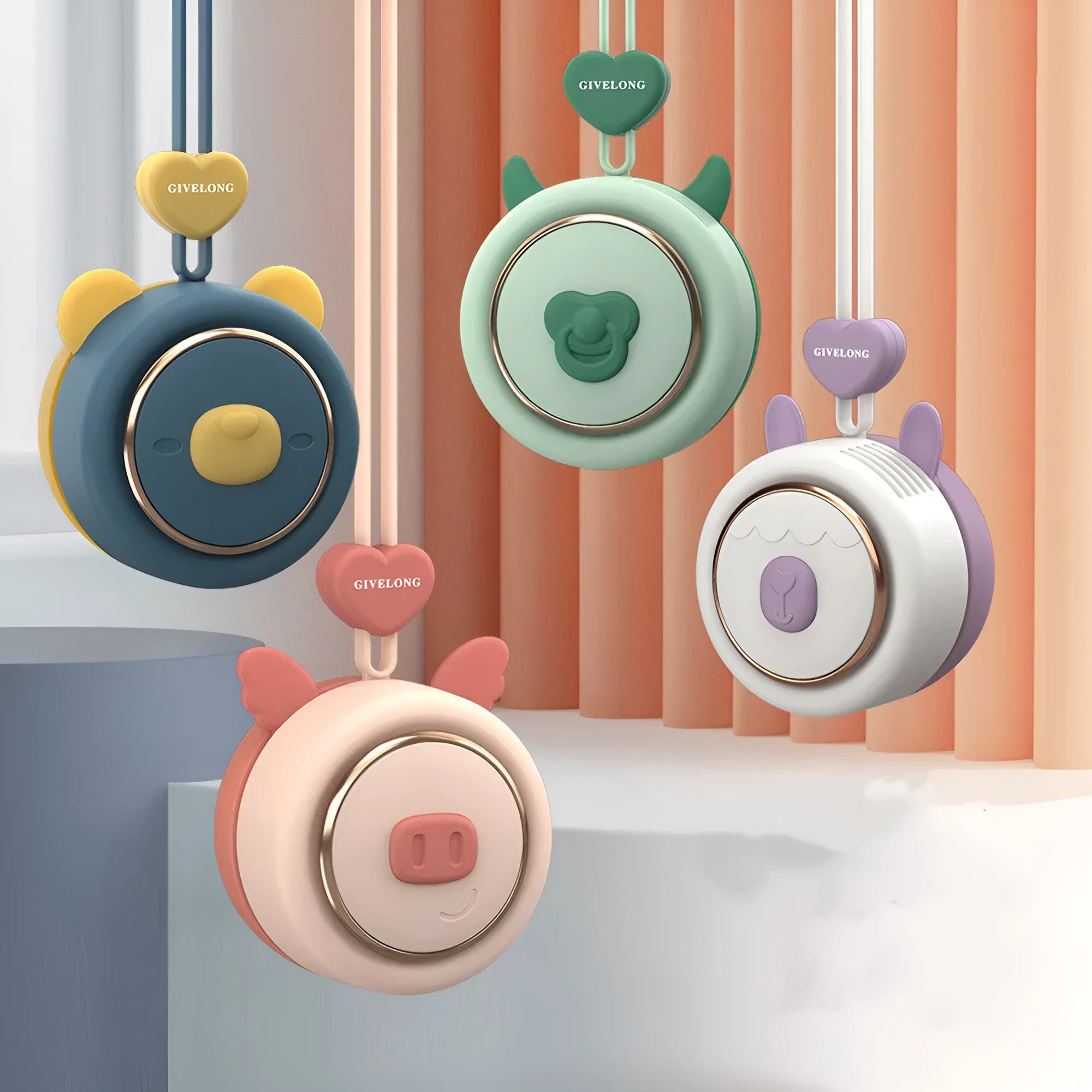 Mini bladeless neck fan with hanging rope shown in a cute pet design colour.