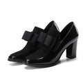 Large size black patent leather women's high heel shoes with a thick 8cm block heel and square toe.