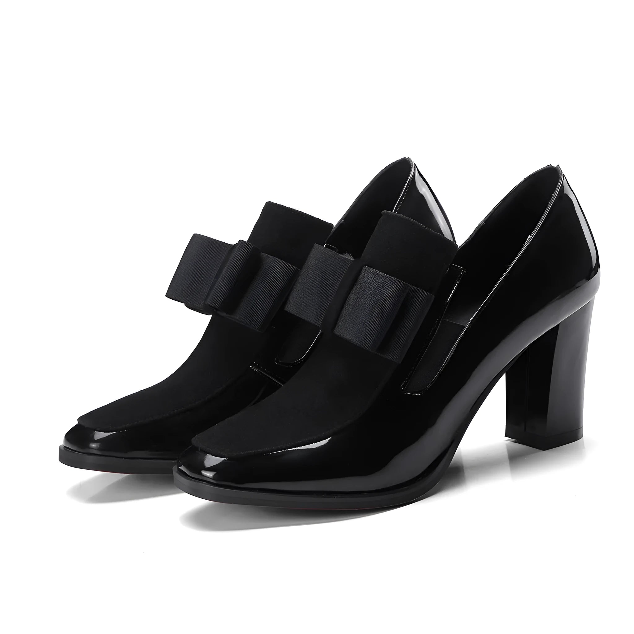 Large size black patent leather women's high heel shoes with a thick 8cm block heel and square toe.