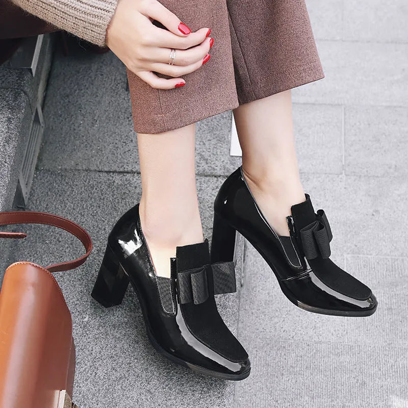 Large size black patent leather women's high heel shoes with a thick 8cm block heel and square toe.