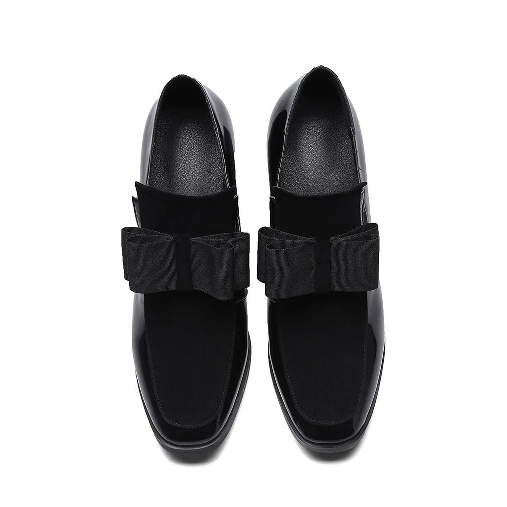 Large size black patent leather women's high heel shoes with a thick 8cm block heel and square toe.