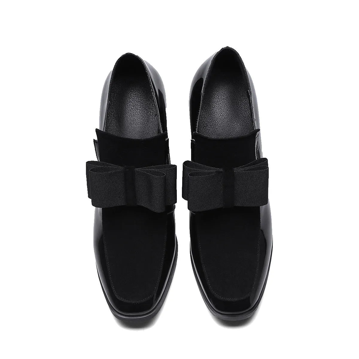Large size black patent leather women's high heel shoes with a thick 8cm block heel and square toe.