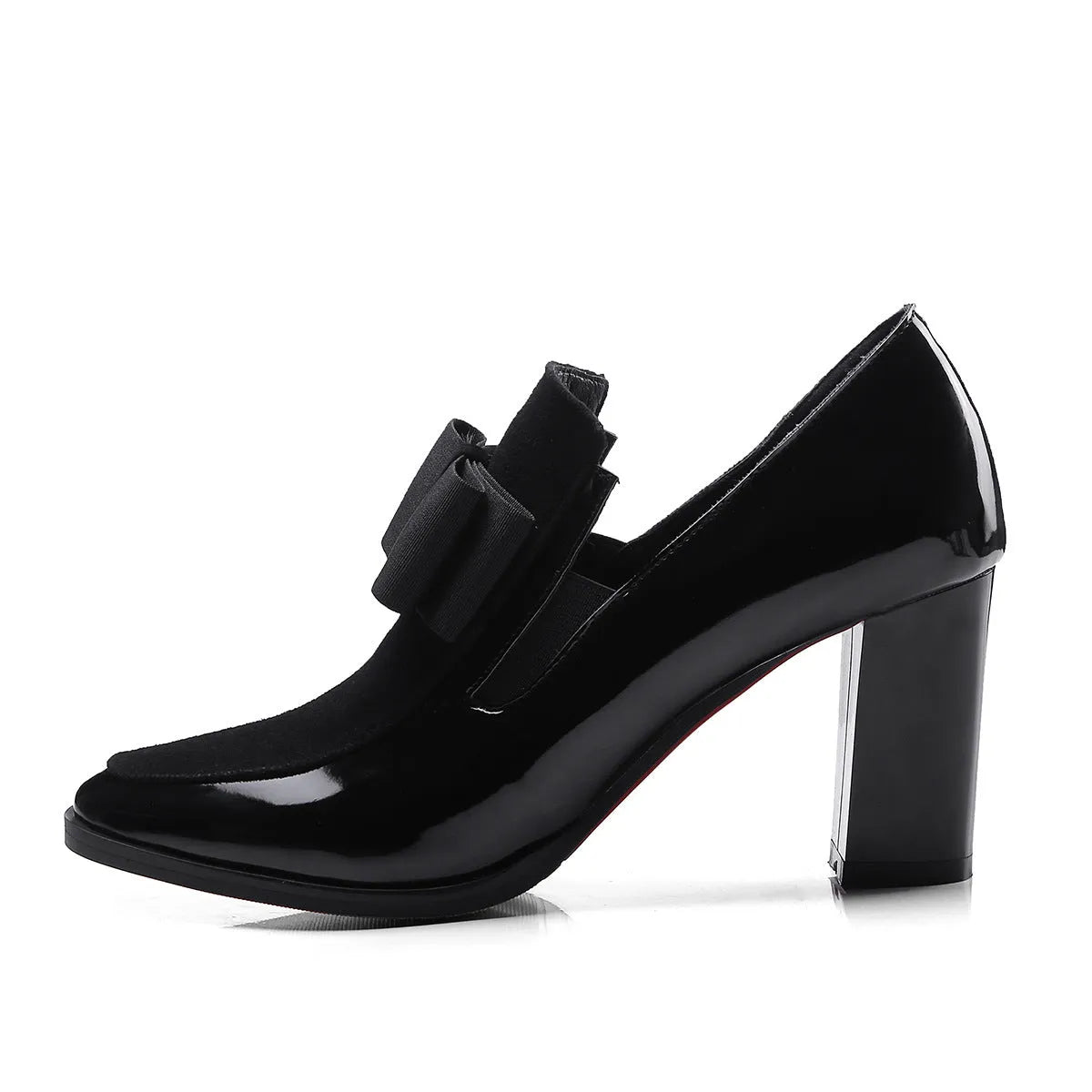 Large size black patent leather women's high heel shoes with a thick 8cm block heel and square toe.