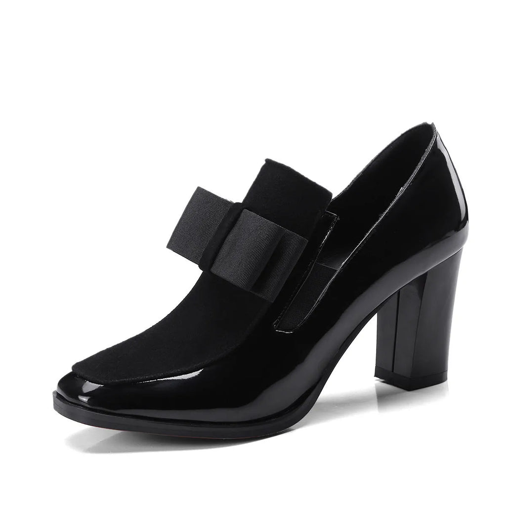 Large size black patent leather women's high heel shoes with a thick 8cm block heel and square toe.