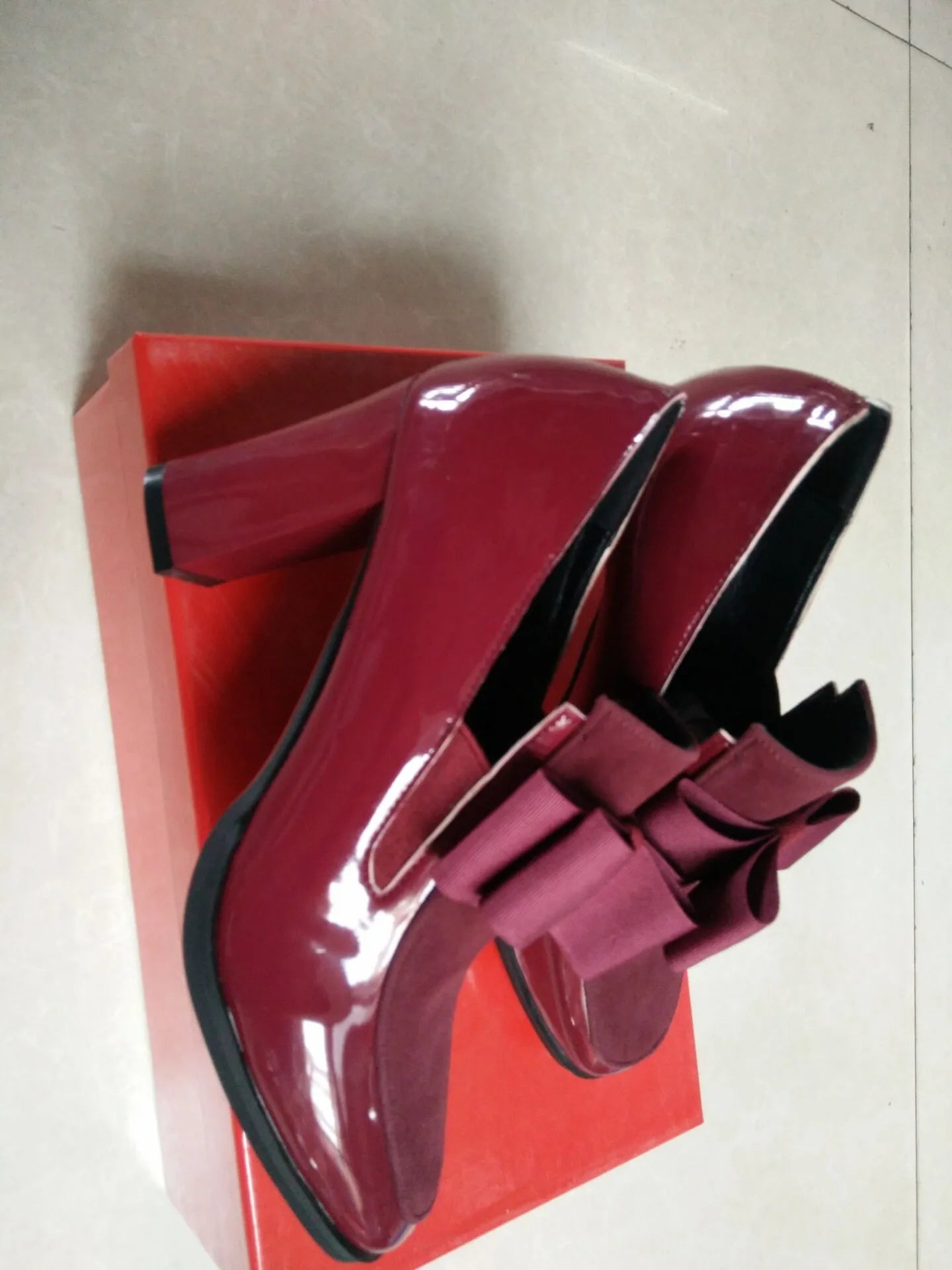 Large size black patent leather women's high heel shoes with a thick 8cm block heel and square toe.