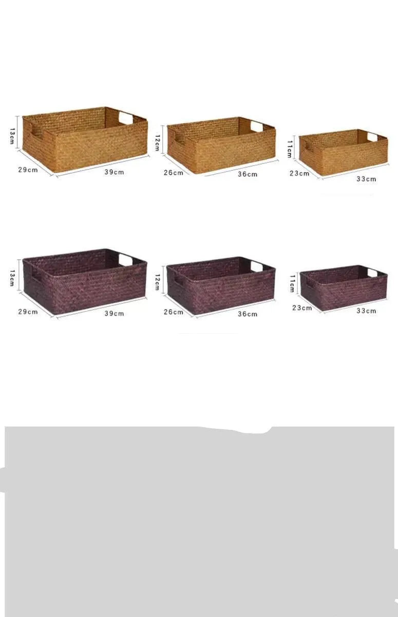 Handwoven grass rectangular storage baskets in various sizes on a wooden shelf
