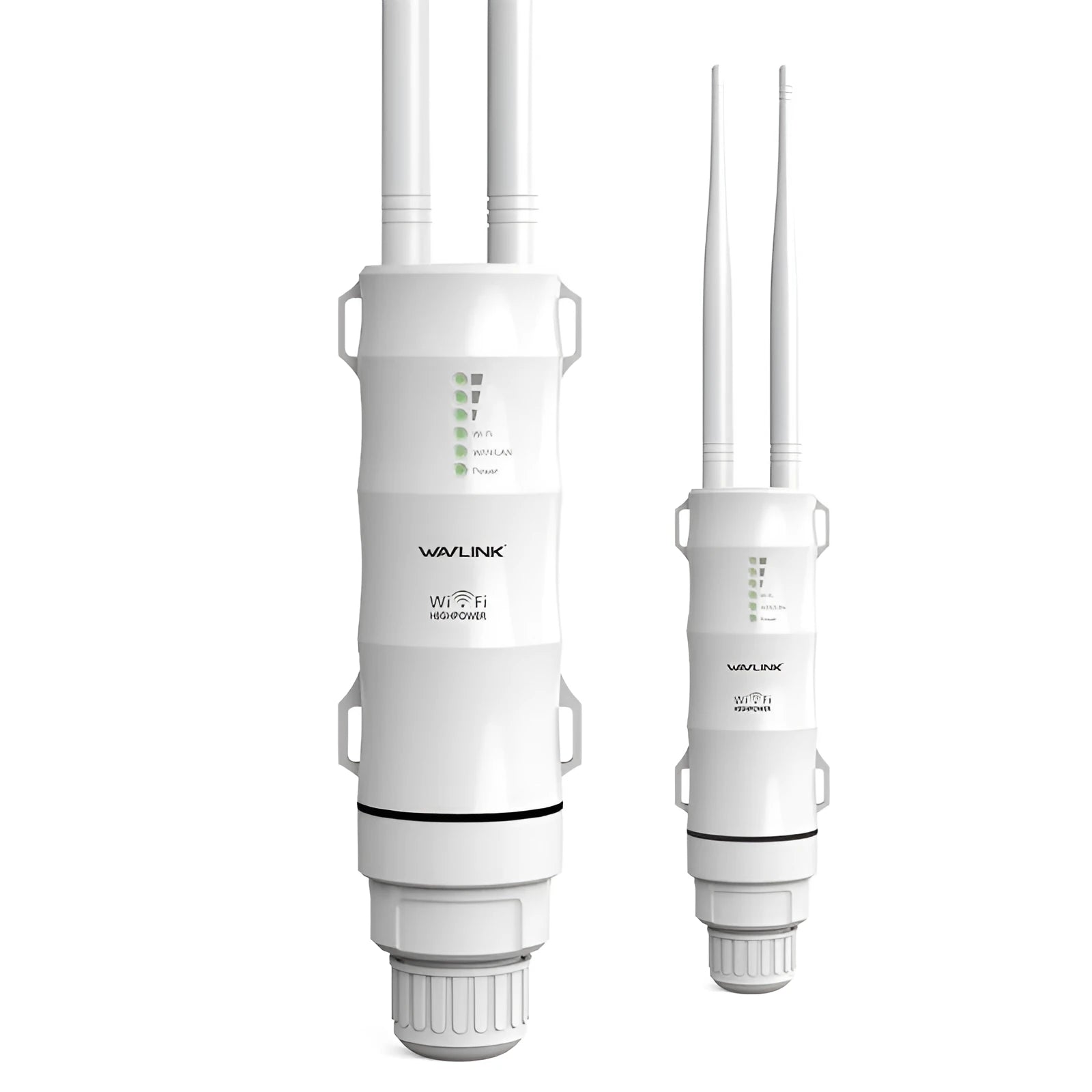 White outdoor wireless AP rangefinder with detachable mount showing dual-band antenna configuration