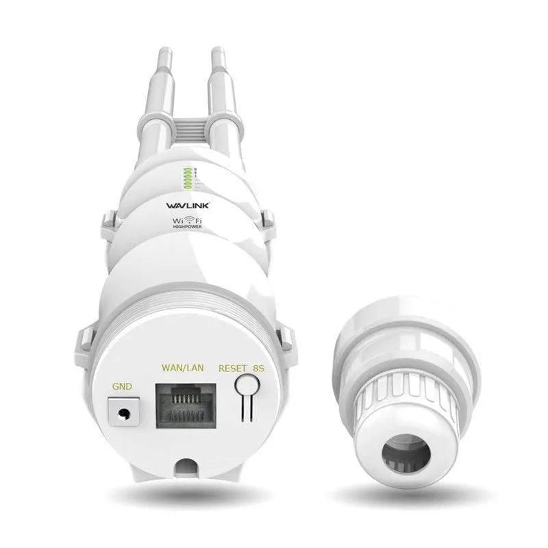 White outdoor wireless AP rangefinder with detachable mount showing dual-band antenna configuration
