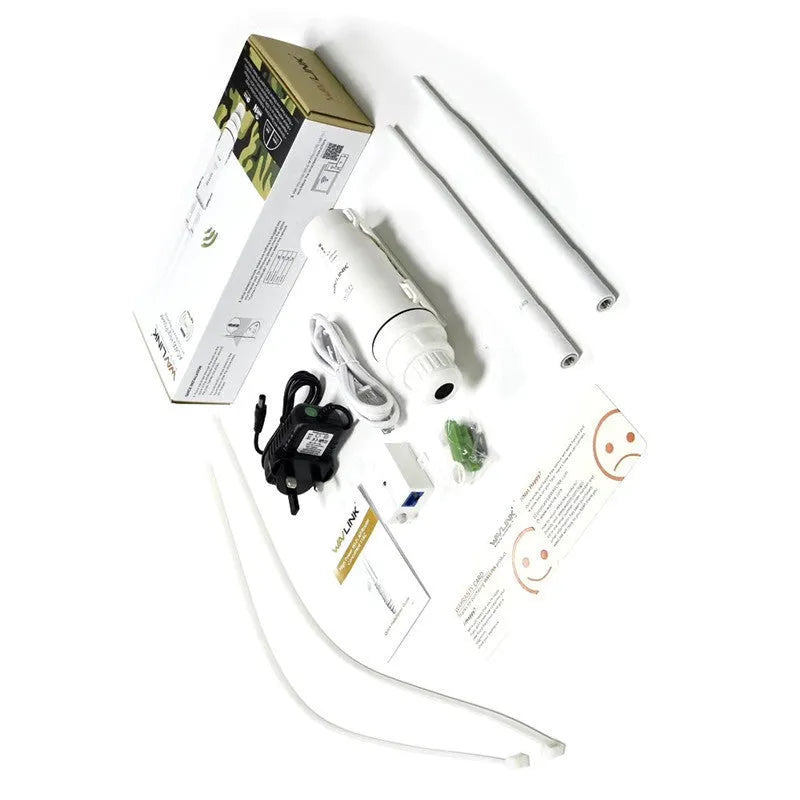 White outdoor wireless AP rangefinder with detachable mount showing dual-band antenna configuration