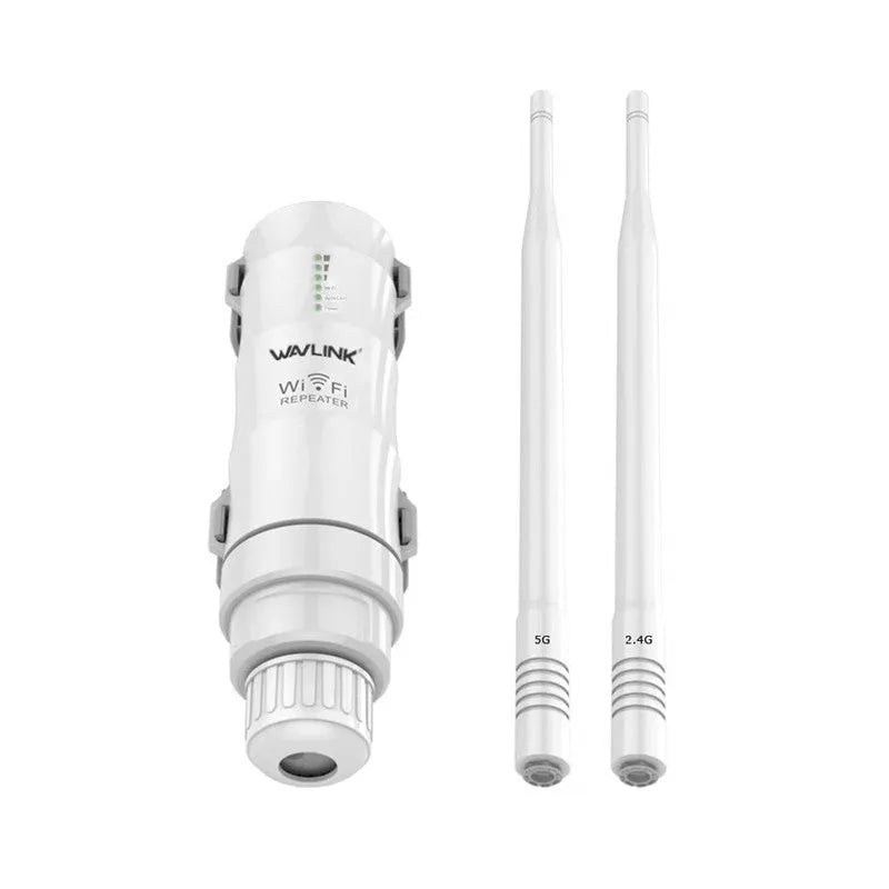 White outdoor wireless AP rangefinder with detachable mount showing dual-band antenna configuration
