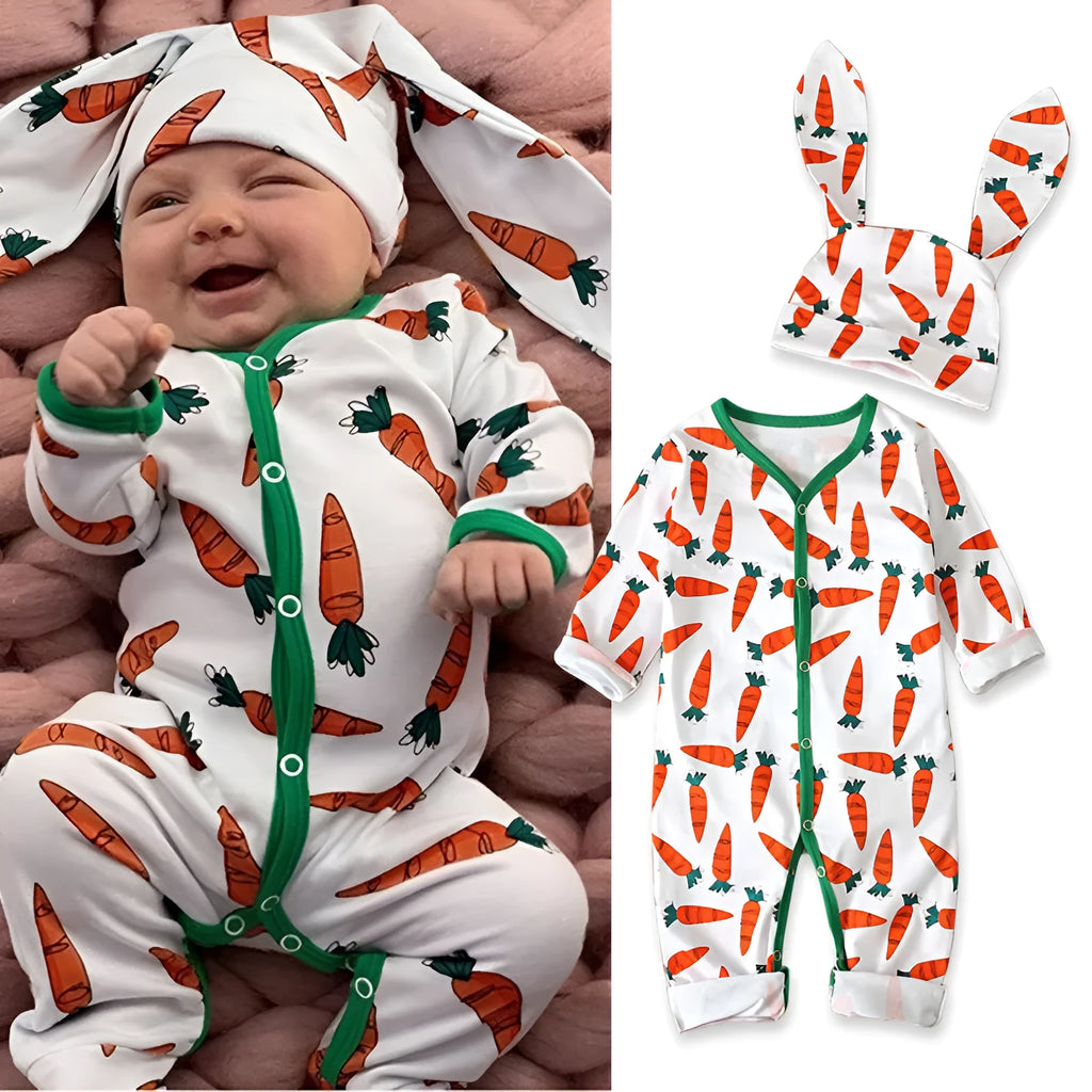 Red cotton V-neck baby romper jumpsuit with long sleeves for a child.