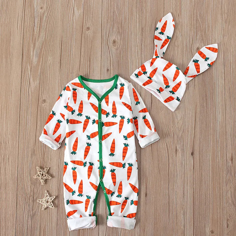 Red cotton V-neck baby romper jumpsuit with long sleeves for a child.