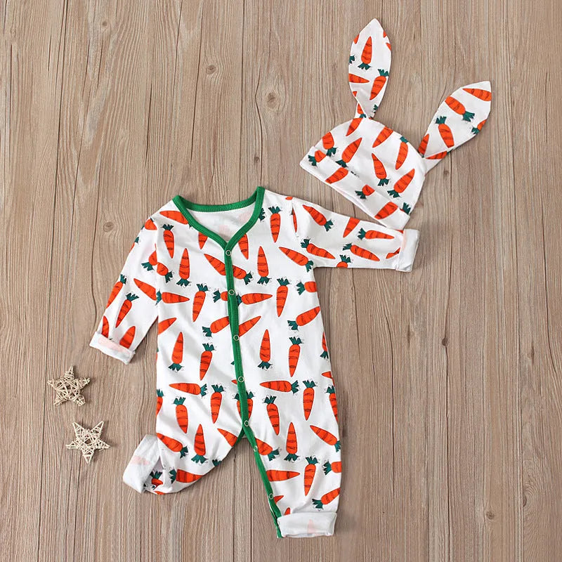 Red cotton V-neck baby romper jumpsuit with long sleeves for a child.