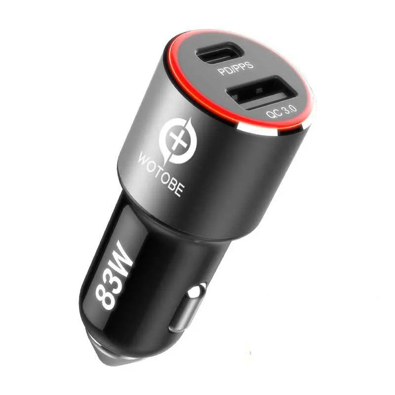 Compact dual-port 83W fast car charger plugged into a vehicle's 12V socket with USB-C and USB-A cables connected.