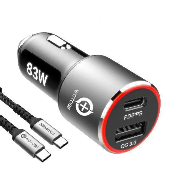 Compact dual-port 83W fast car charger plugged into a vehicle's 12V socket with USB-C and USB-A cables connected.