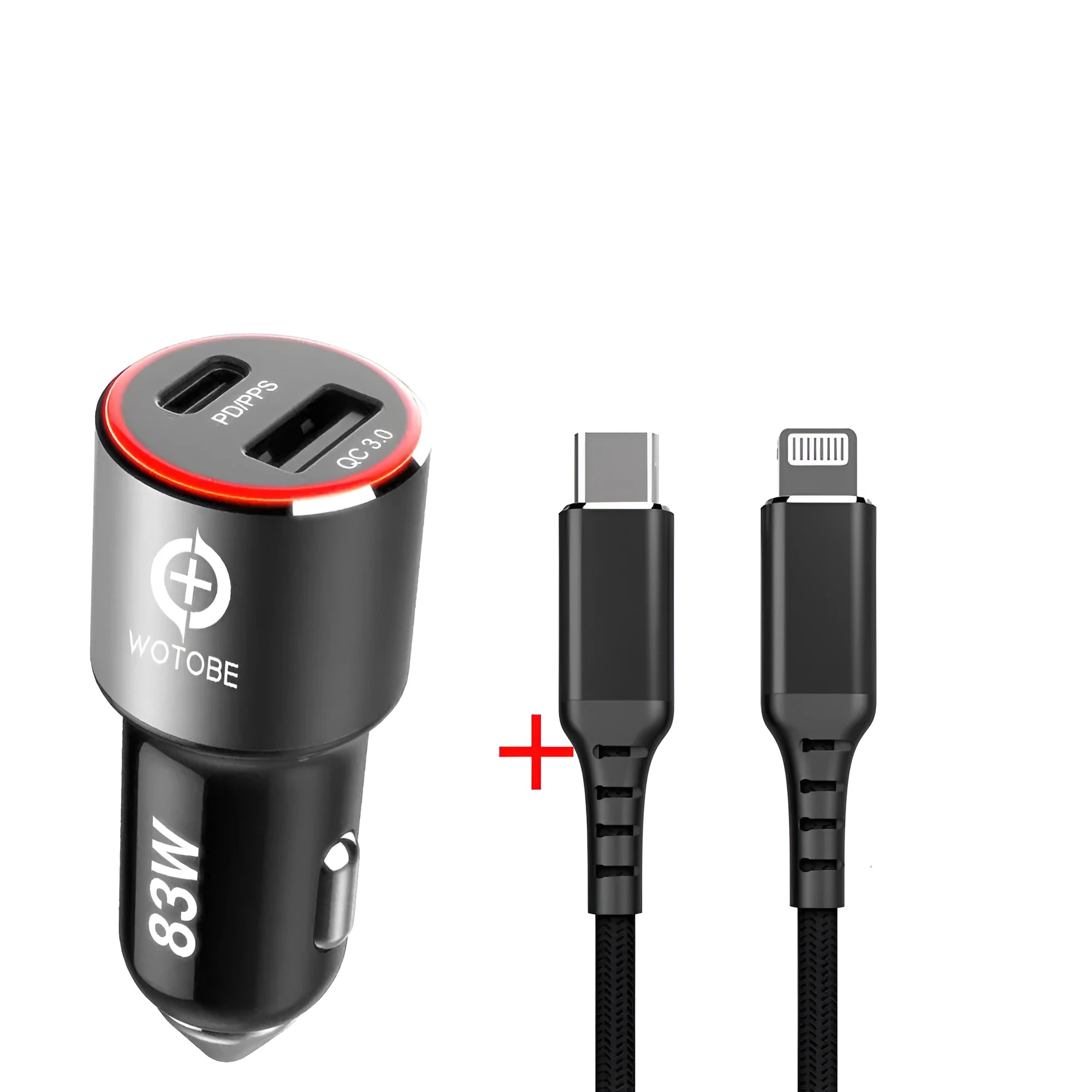Compact dual-port 83W fast car charger plugged into a vehicle's 12V socket with USB-C and USB-A cables connected.