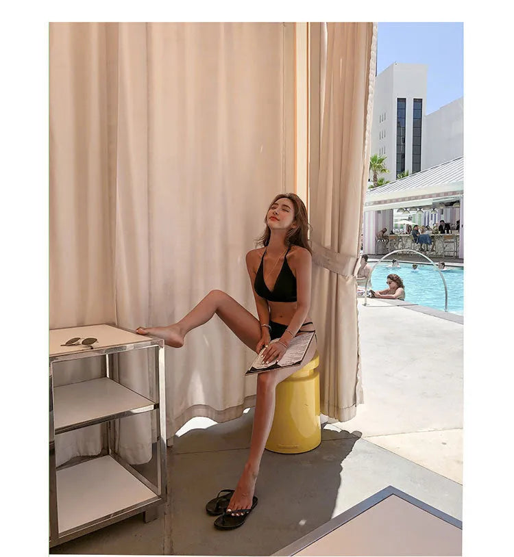 Women's solid colour gathered deep V black polyester swimsuit with chest pad for swimming and wading