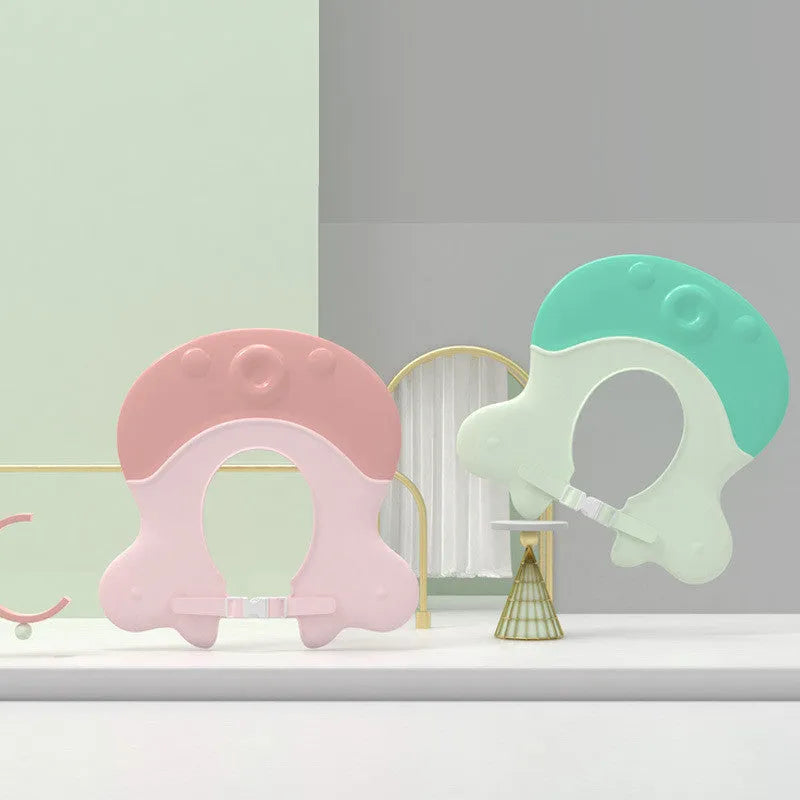 Adjustable baby shower cap made of PE material with cute little octopus design in light pink