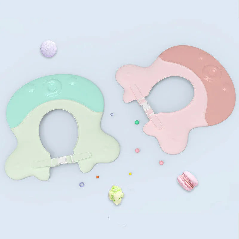 Adjustable baby shower cap made of PE material with cute little octopus design in light pink