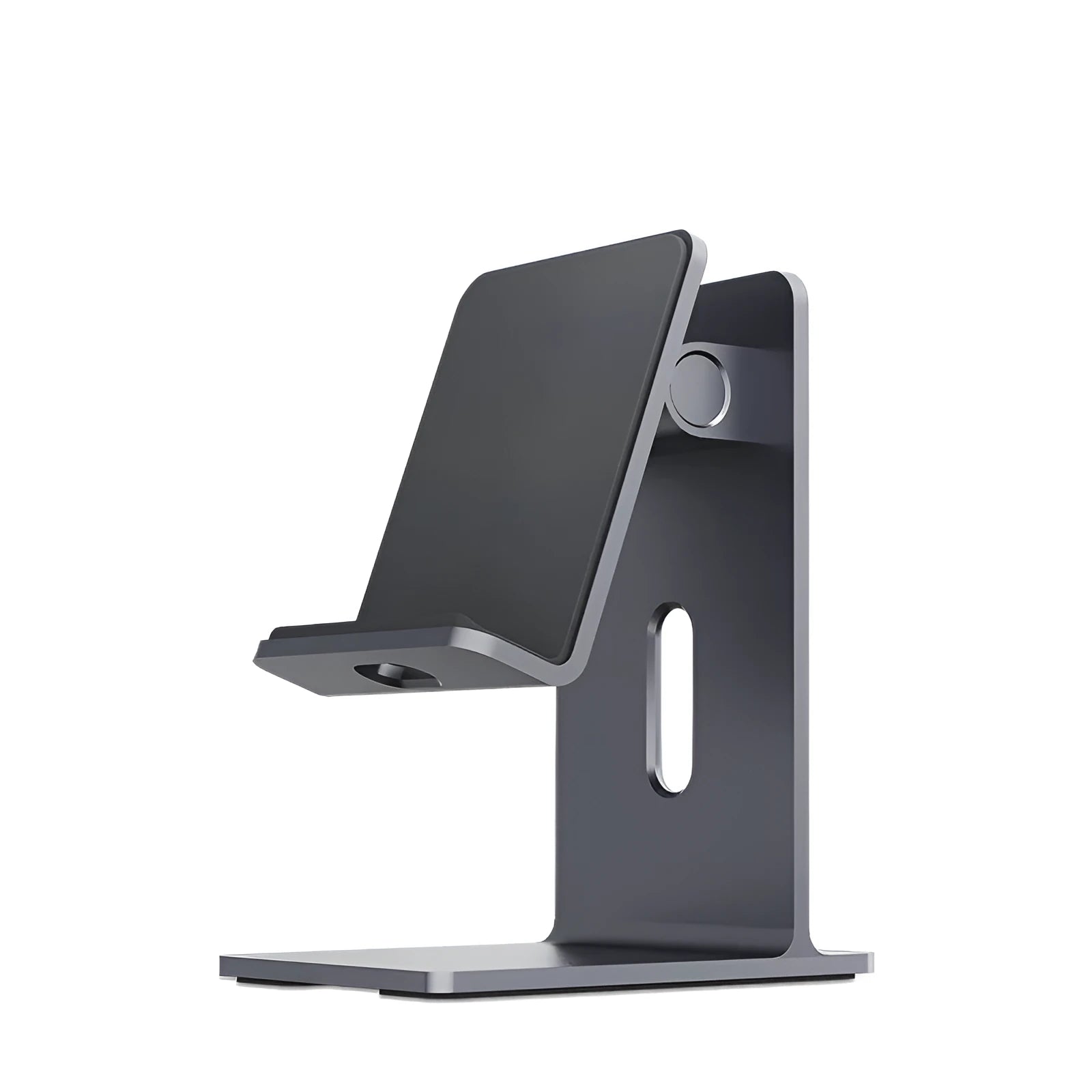 Dark Space Gray aluminium alloy adjustable lazy bracket phone holder clamped to a desk edge, holding a mobile phone.