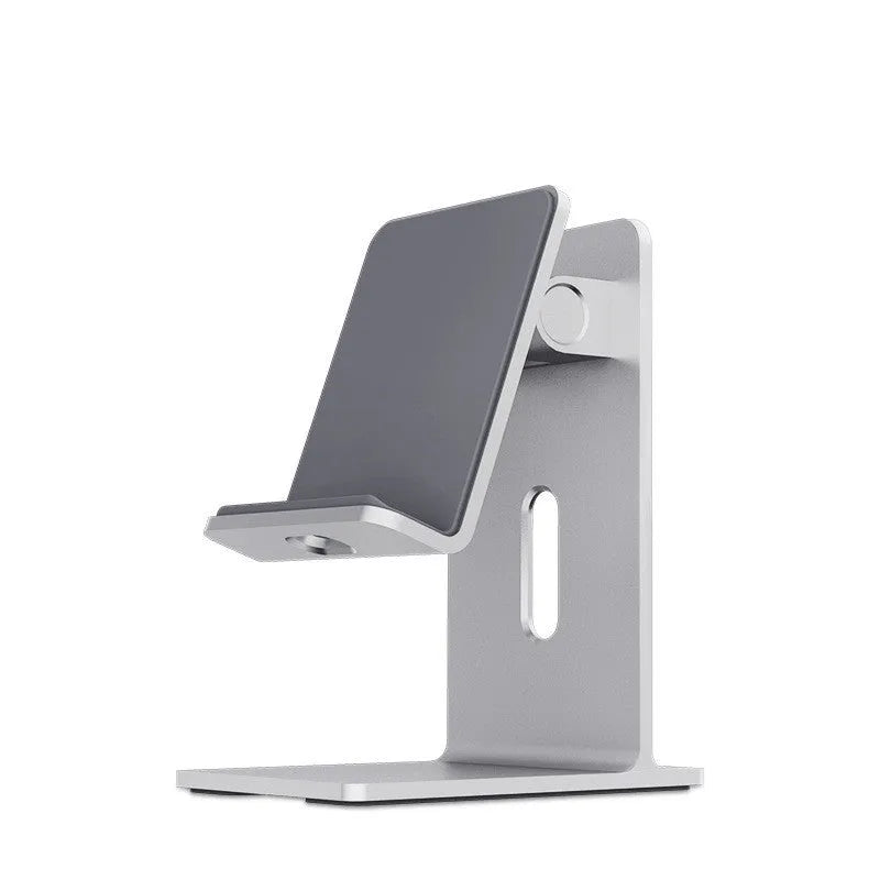 Dark Space Gray aluminium alloy adjustable lazy bracket phone holder clamped to a desk edge, holding a mobile phone.