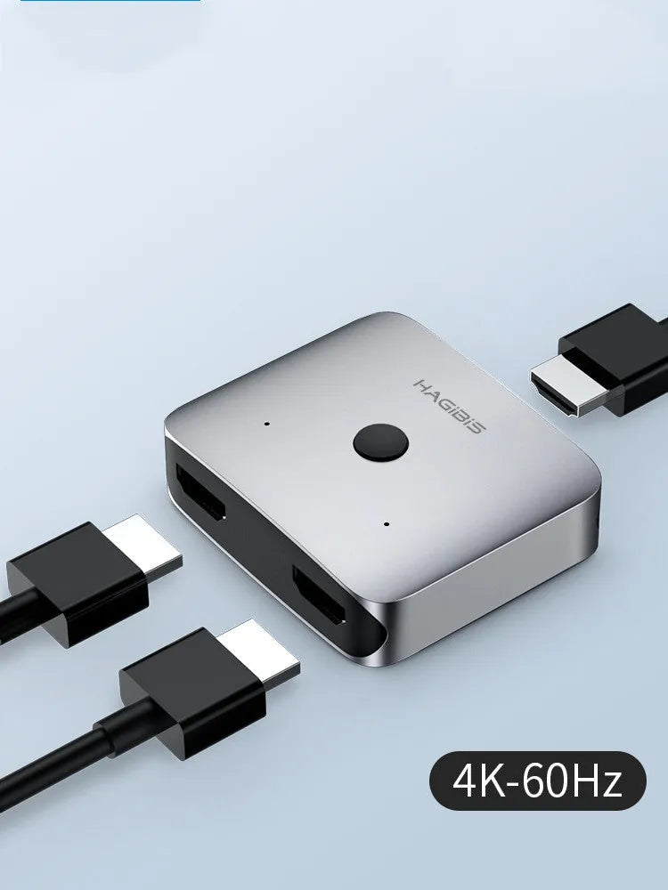 Grey HDMI 1.2 switcher device with two input ports and one output port for 4K video distribution