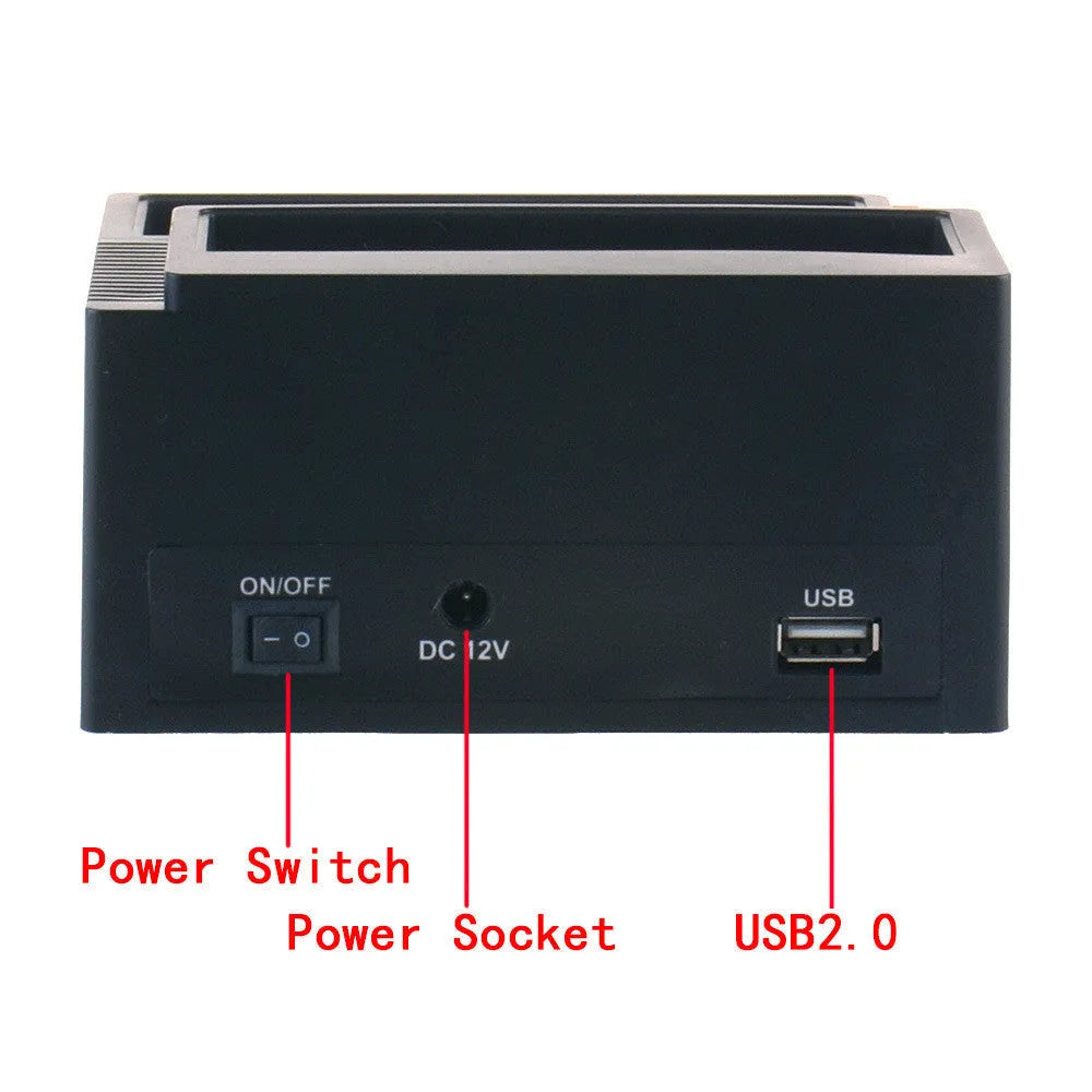 Black plastic hard disk base USB2.0 SATA IDE card reader with two drive bays and LED indicator