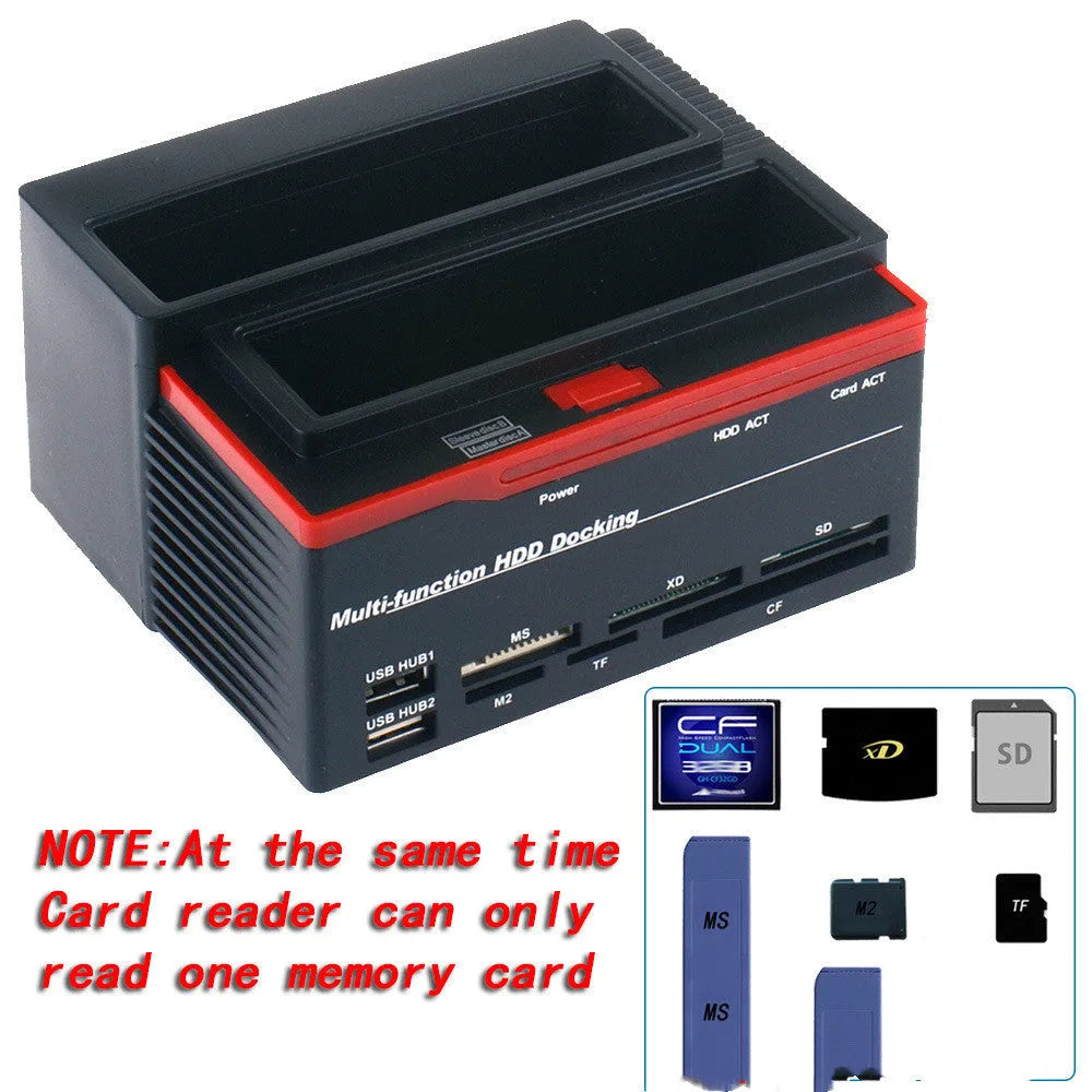 Black plastic hard disk base USB2.0 SATA IDE card reader with two drive bays and LED indicator