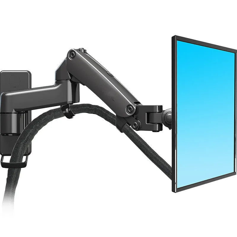 Black wall-mounted monitor pressure rack with telescopic lifting arm and rotating VESA mount