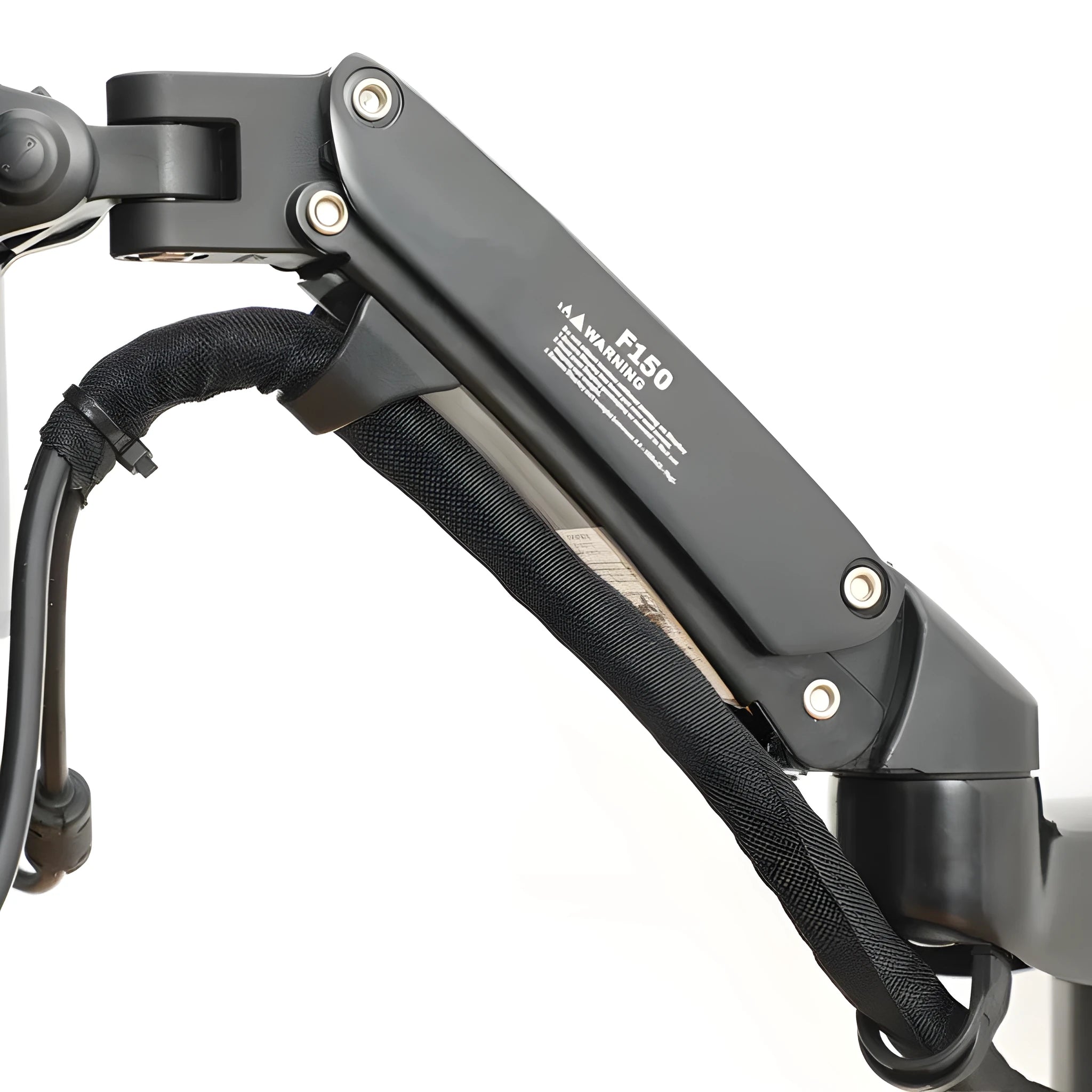 Black wall-mounted monitor pressure rack with telescopic lifting arm and rotating VESA mount