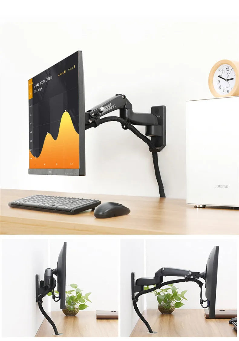 Black wall-mounted monitor pressure rack with telescopic lifting arm and rotating VESA mount