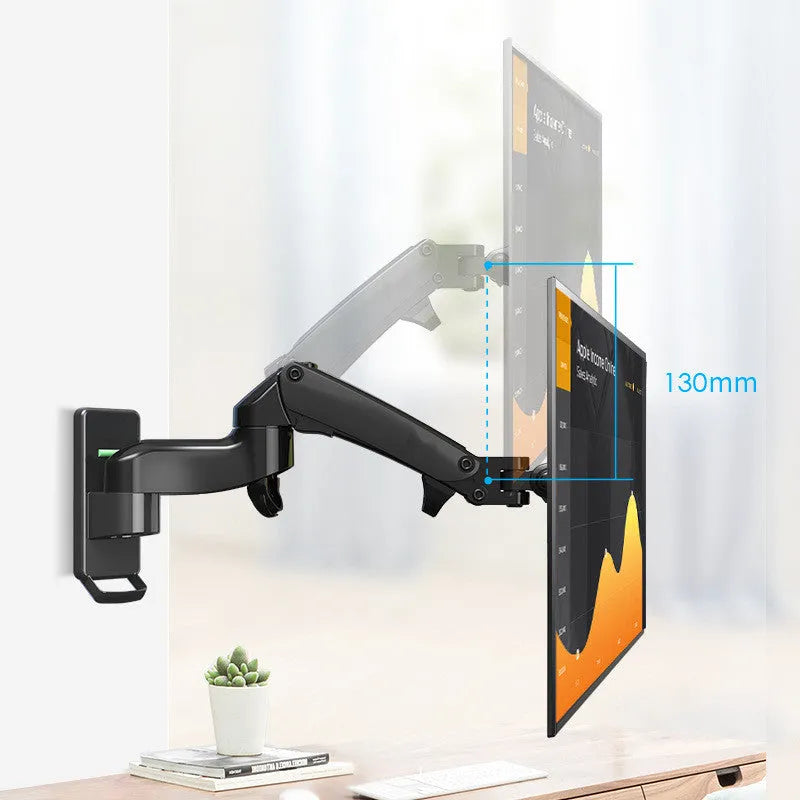 Black wall-mounted monitor pressure rack with telescopic lifting arm and rotating VESA mount