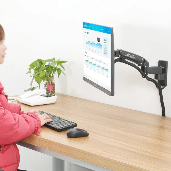 Black wall-mounted monitor pressure rack with telescopic lifting arm and rotating VESA mount