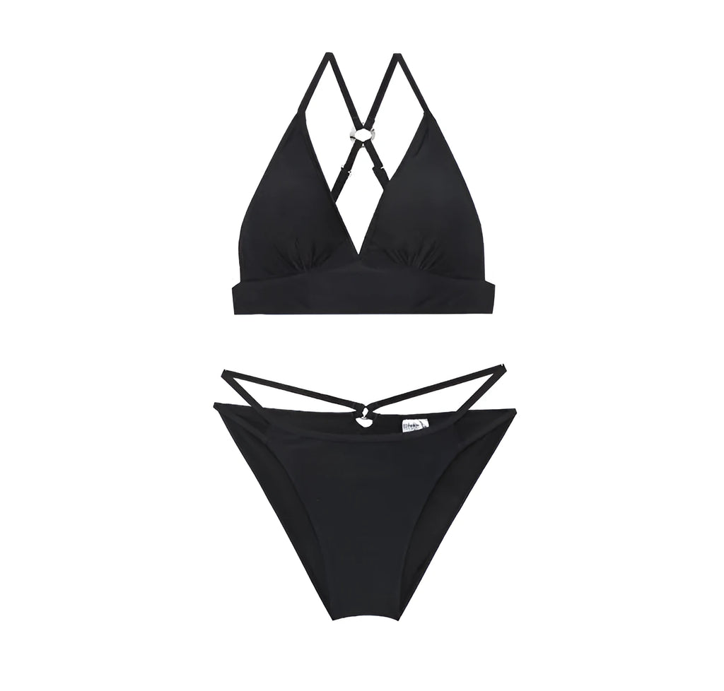 Women's solid colour gathered deep V black polyester swimsuit with chest pad for swimming and wading