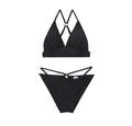 Women's solid colour gathered deep V black polyester swimsuit with chest pad for swimming and wading
