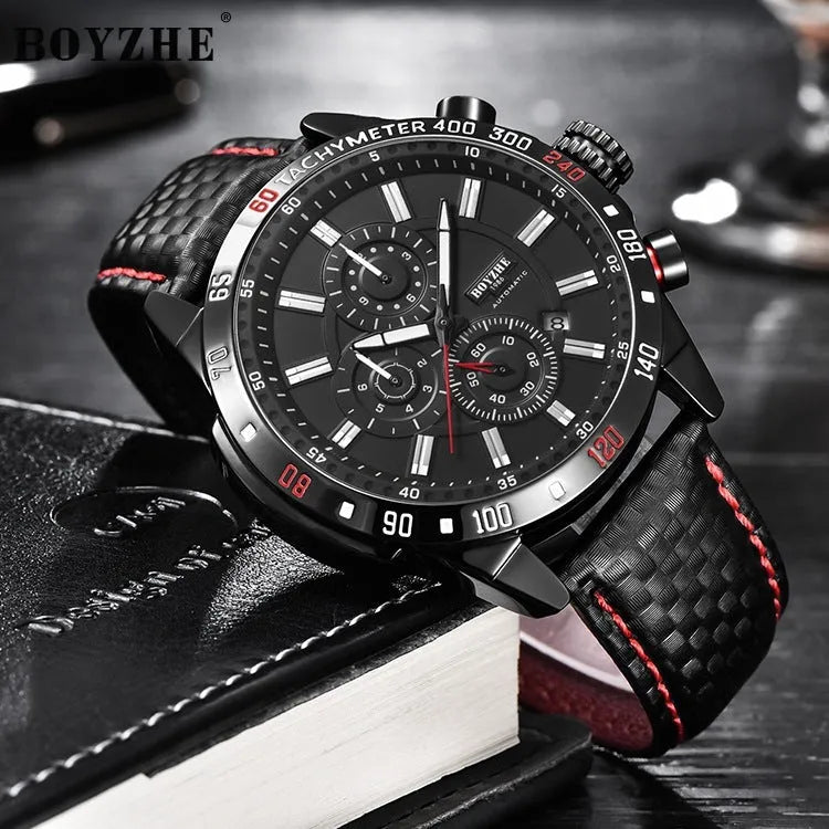 Men's mechanical watch black dial leather strap 43mm sports business