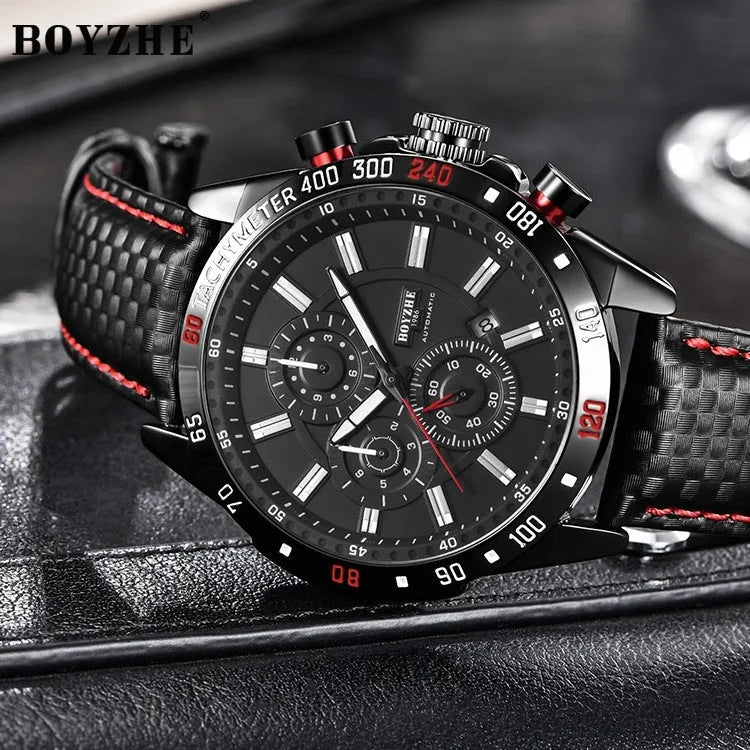 Men's mechanical watch black dial leather strap 43mm sports business