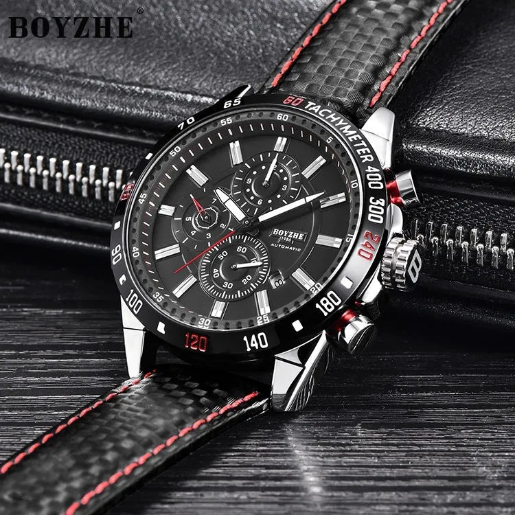Men's mechanical watch black dial leather strap 43mm sports business