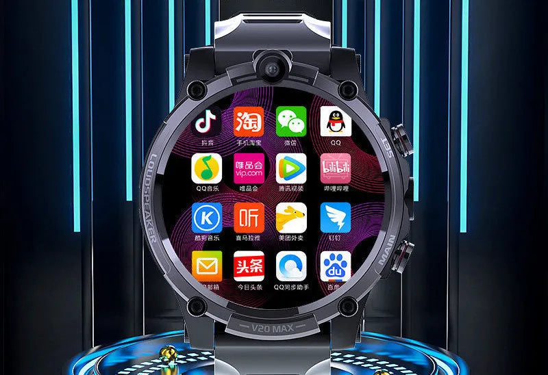 Black smart phone watch with 1.6 inch screen showing heart rate display and dual camera visible on case