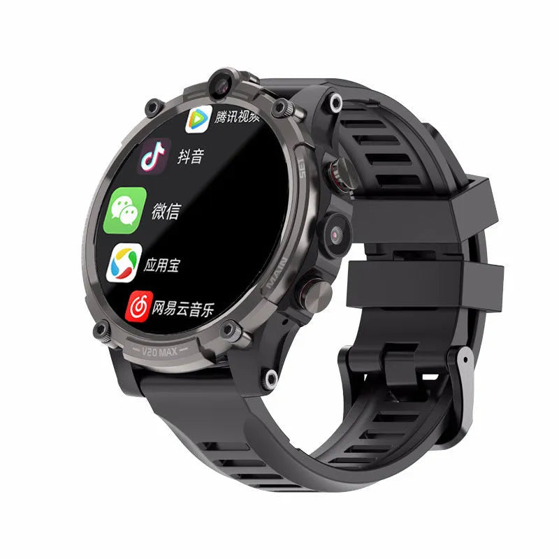 Black smart phone watch with 1.6 inch screen showing heart rate display and dual camera visible on case