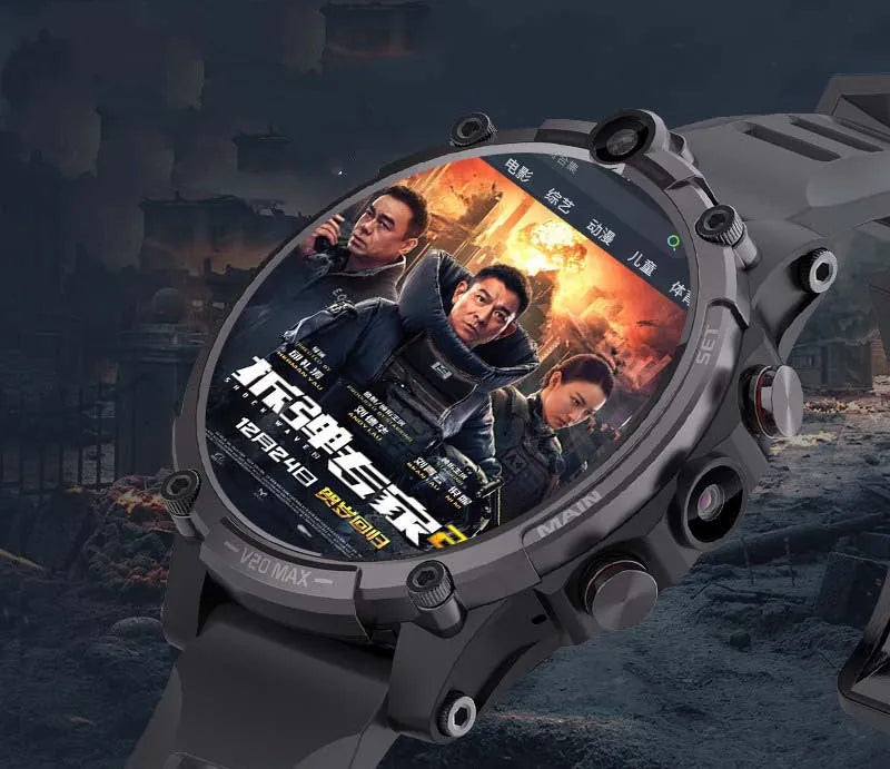 Black smart phone watch with 1.6 inch screen showing heart rate display and dual camera visible on case